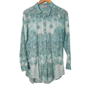 Calypso St. Barth Teal Paisley Print Button Down Collared Shirt